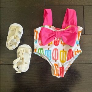 Baby Colorful Popsicle Print Swimsuit with Pink Bow w White Sandals